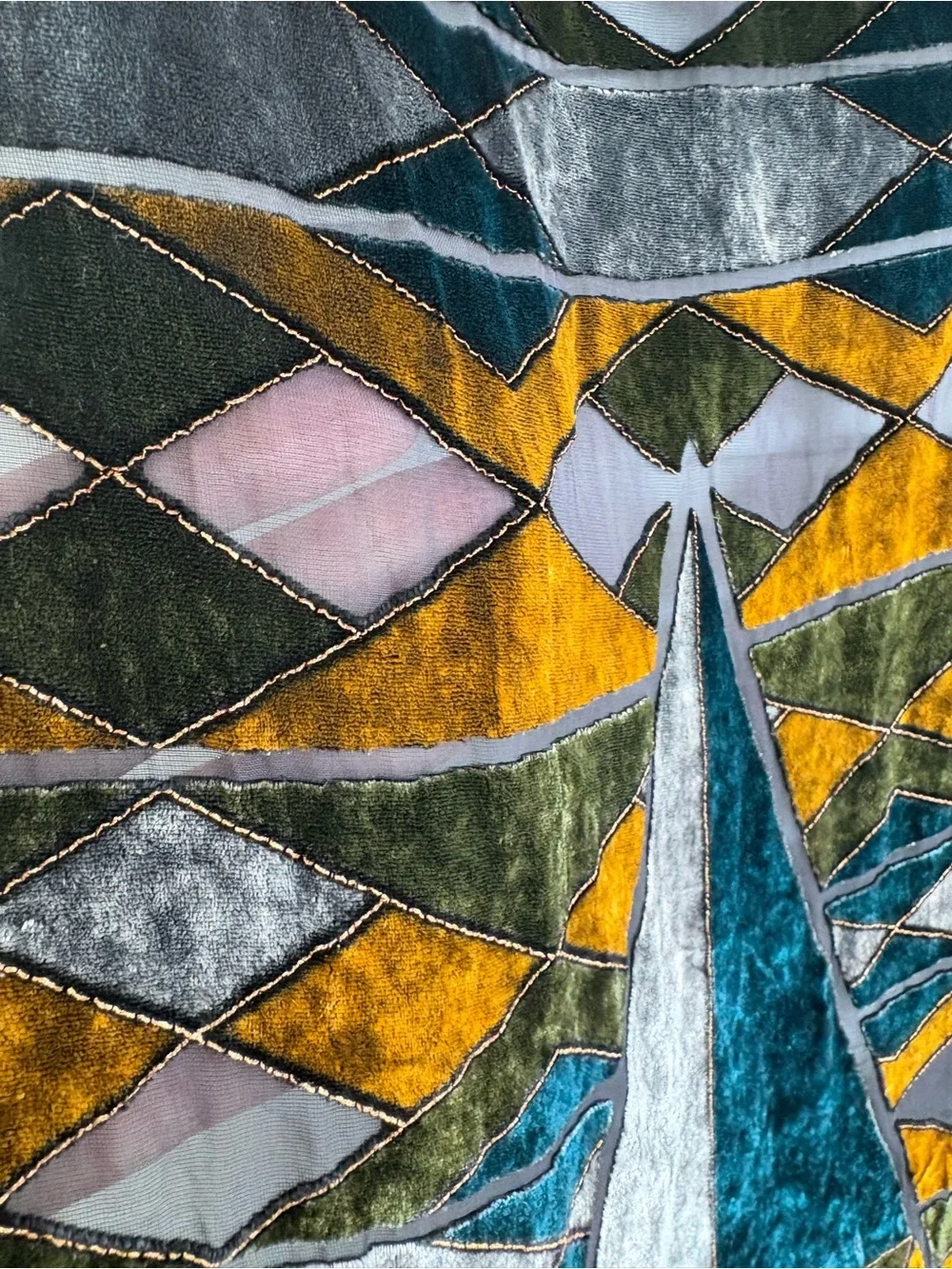 Geometric Velvet Patchwork Scarf Jewel Tone Art Deco Style 13” x 57.5”